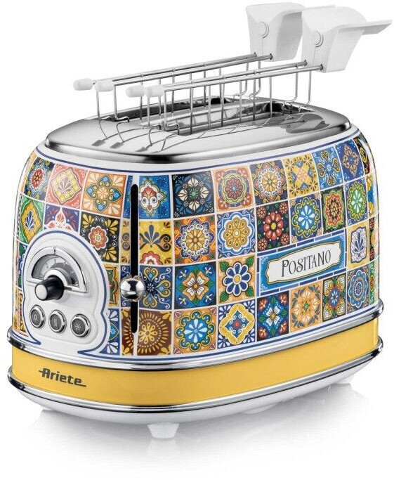 توستر نان آریته ایتالیا مدل Ariete Positano 155 | سفید با نقوش سنتی کاشی مدیترانه‌ای | ۲ شیار برای برشته‌سازی نان